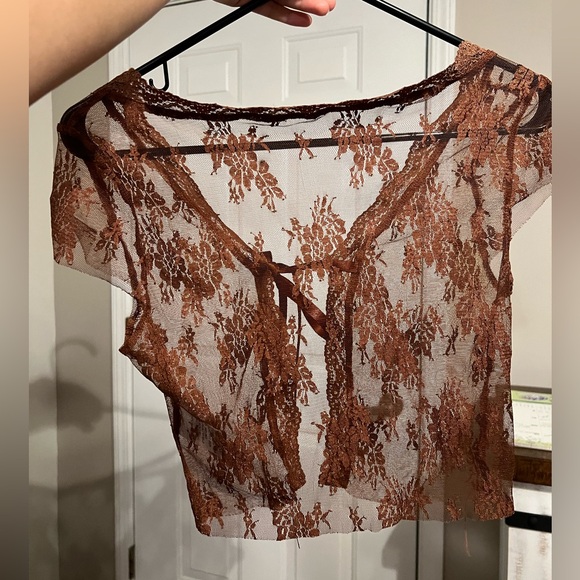 Lace Mesh Brown embroidered tie top - Picture 3 of 5